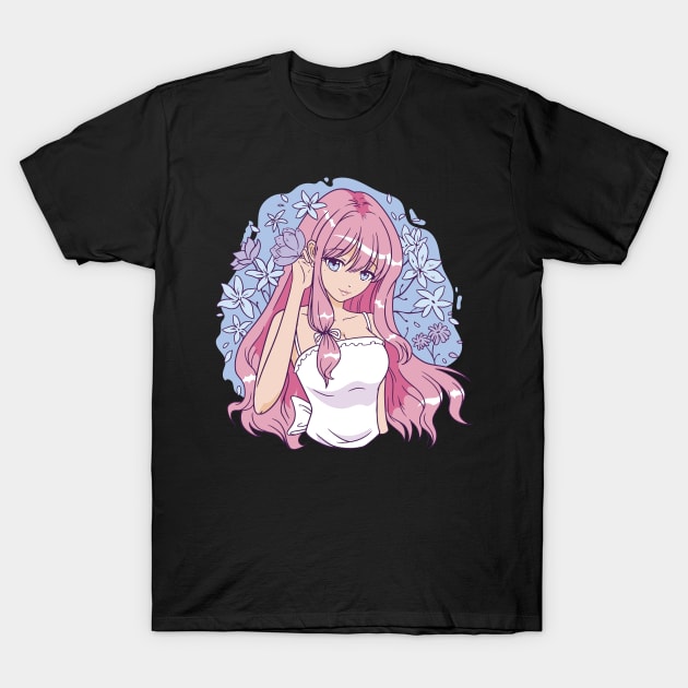 Girl in anime style with pink hair and surrounded by flowers for all Anime girl lovers T-Shirt by AbirAbd